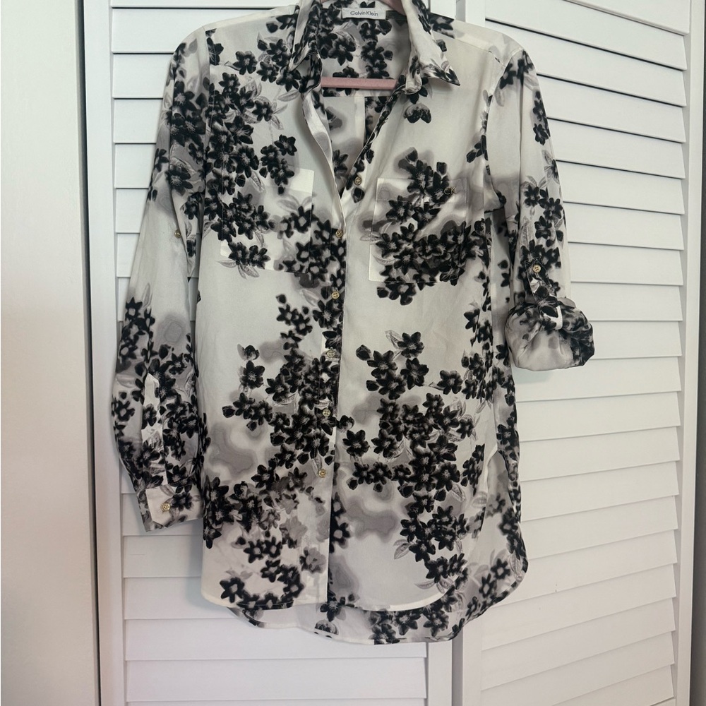 Calvin Klein Black and White Floral Button Down Shirt